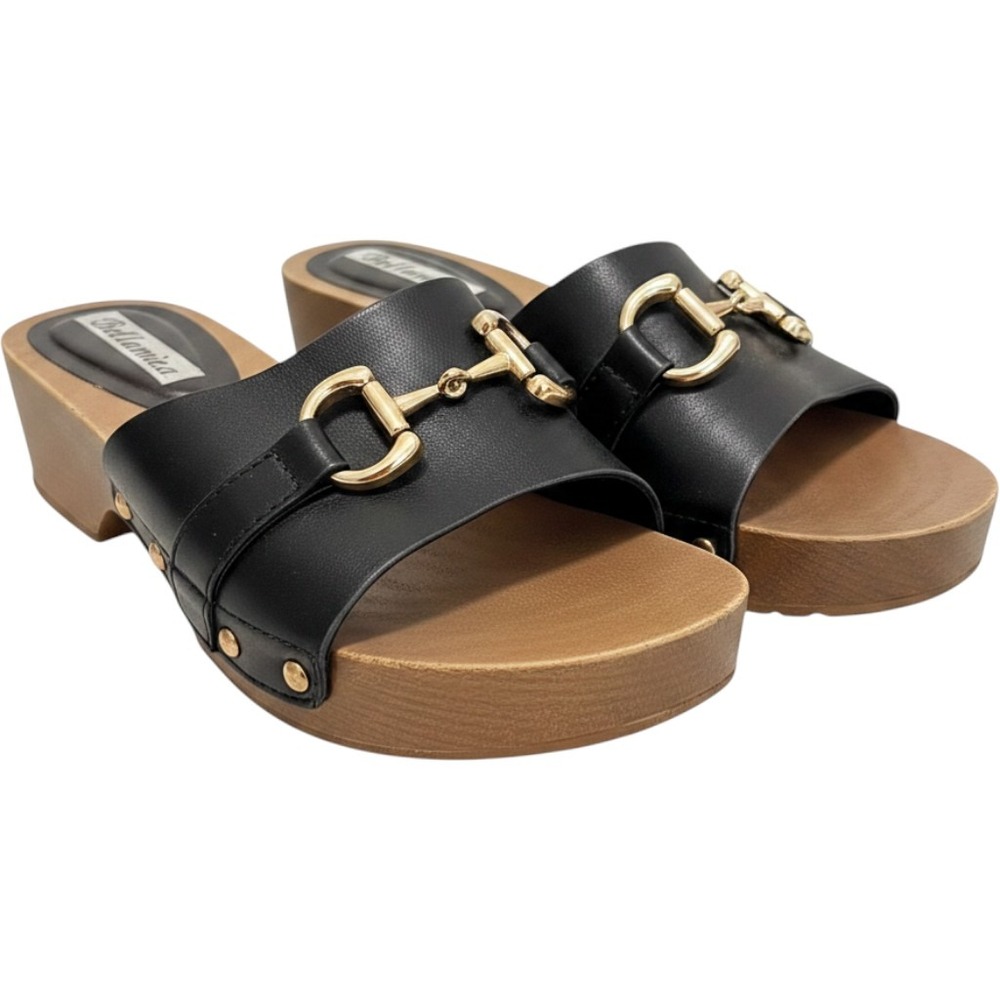 Bellamica Black‎ Horsebit Platform Slides Wood Grain Studded Mules